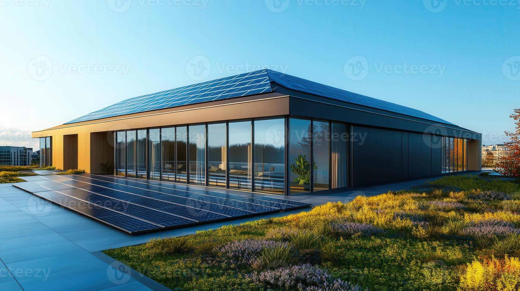 A sleek, modern home with solar panels demonstrates sustainable energy usage in bright sunlight. photo