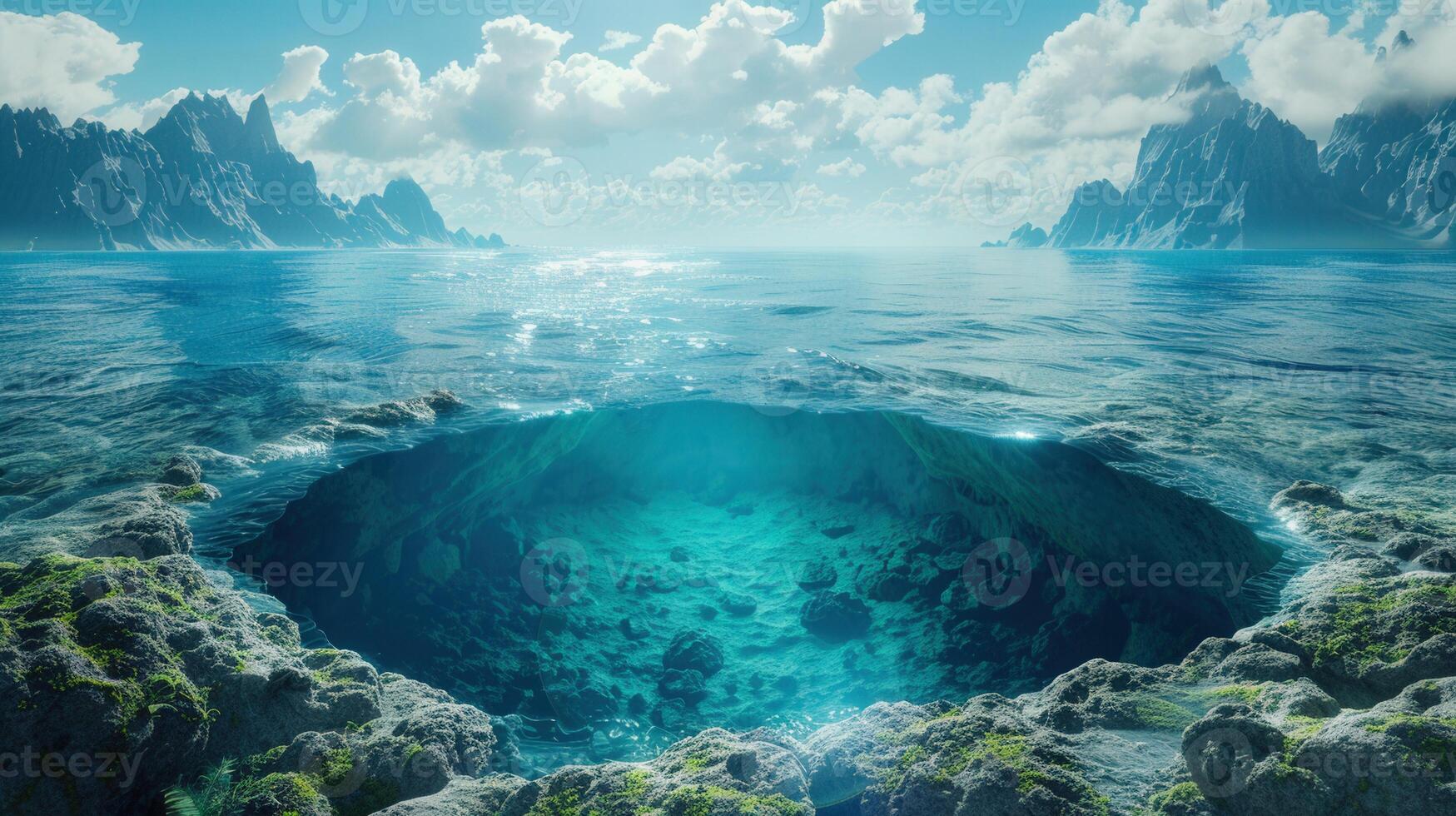 The vibrant underwater vista unveils a submerged cave beneath the sea's surface with clear water. photo