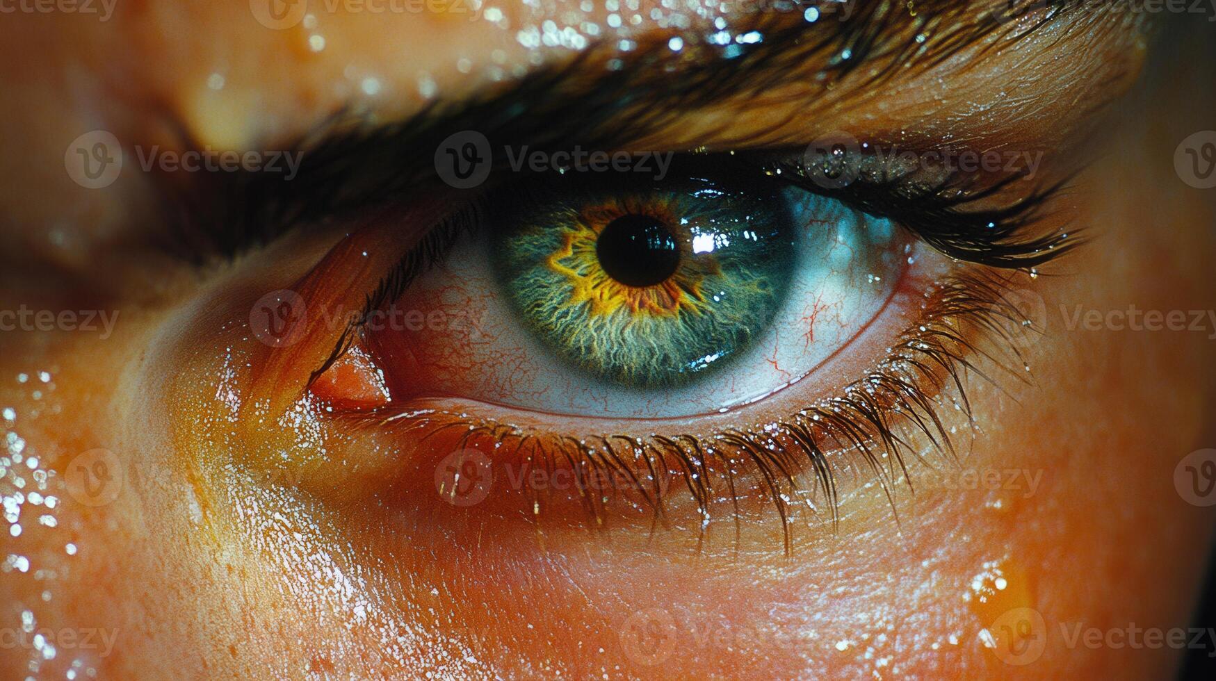 Intricate details of a captivating eye are visible up close, with striking colors and beautiful texture. photo