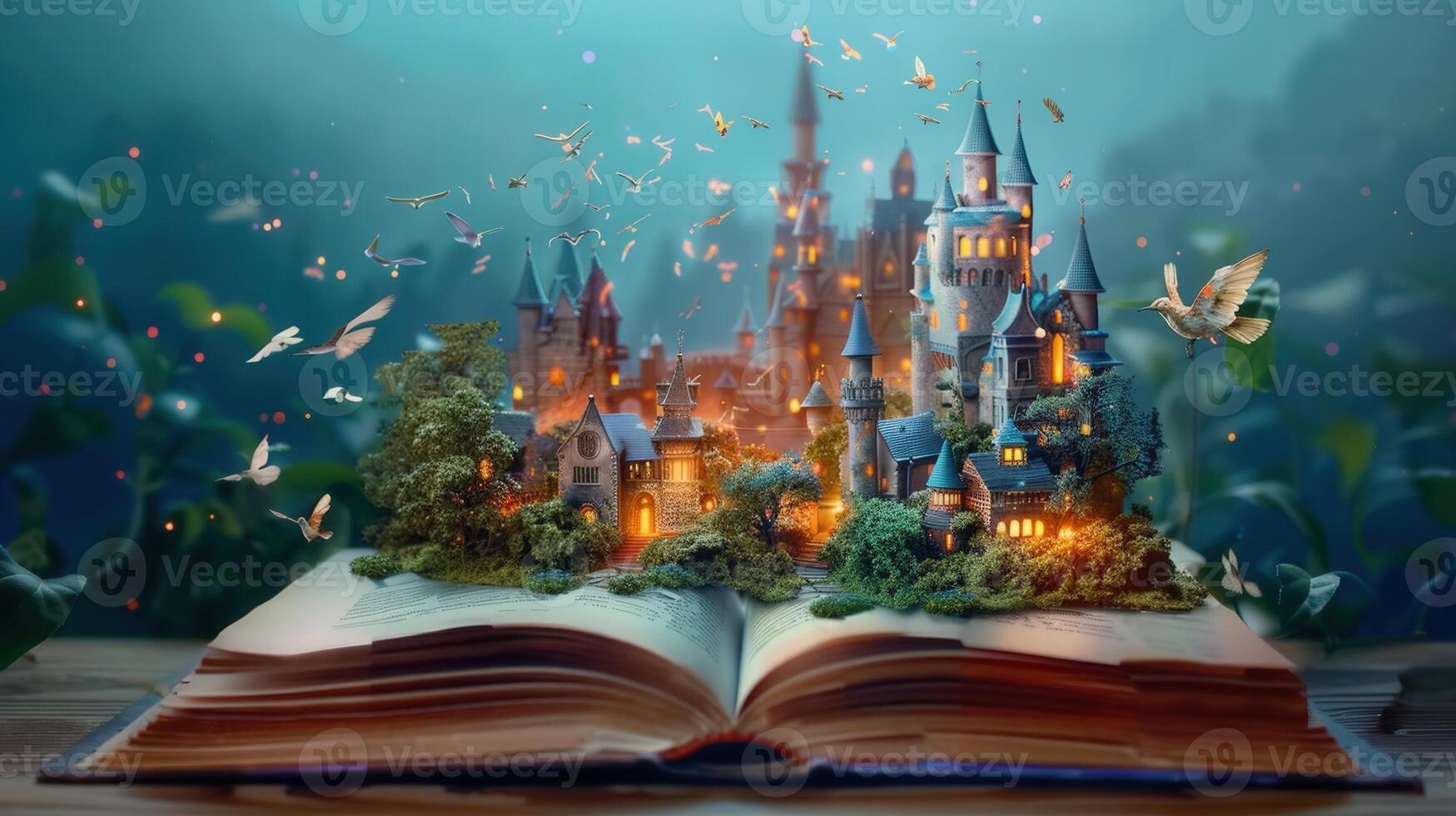 A captivating scene of a fairytale castle emerging from an open storybook with birds in flight. photo