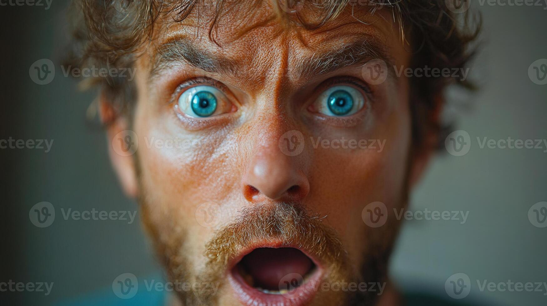 A man's face exhibits a look of pure, unadulterated surprise, captured in a close-up shot. photo
