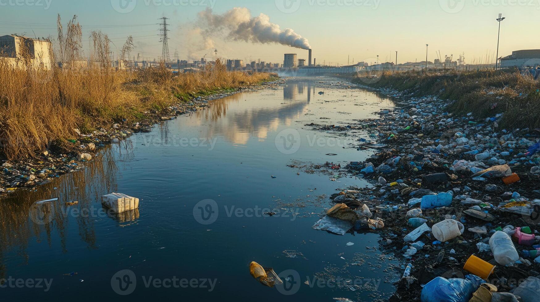 An image of a heavily polluted river flowing by an industrial area, reflecting smoke. photo
