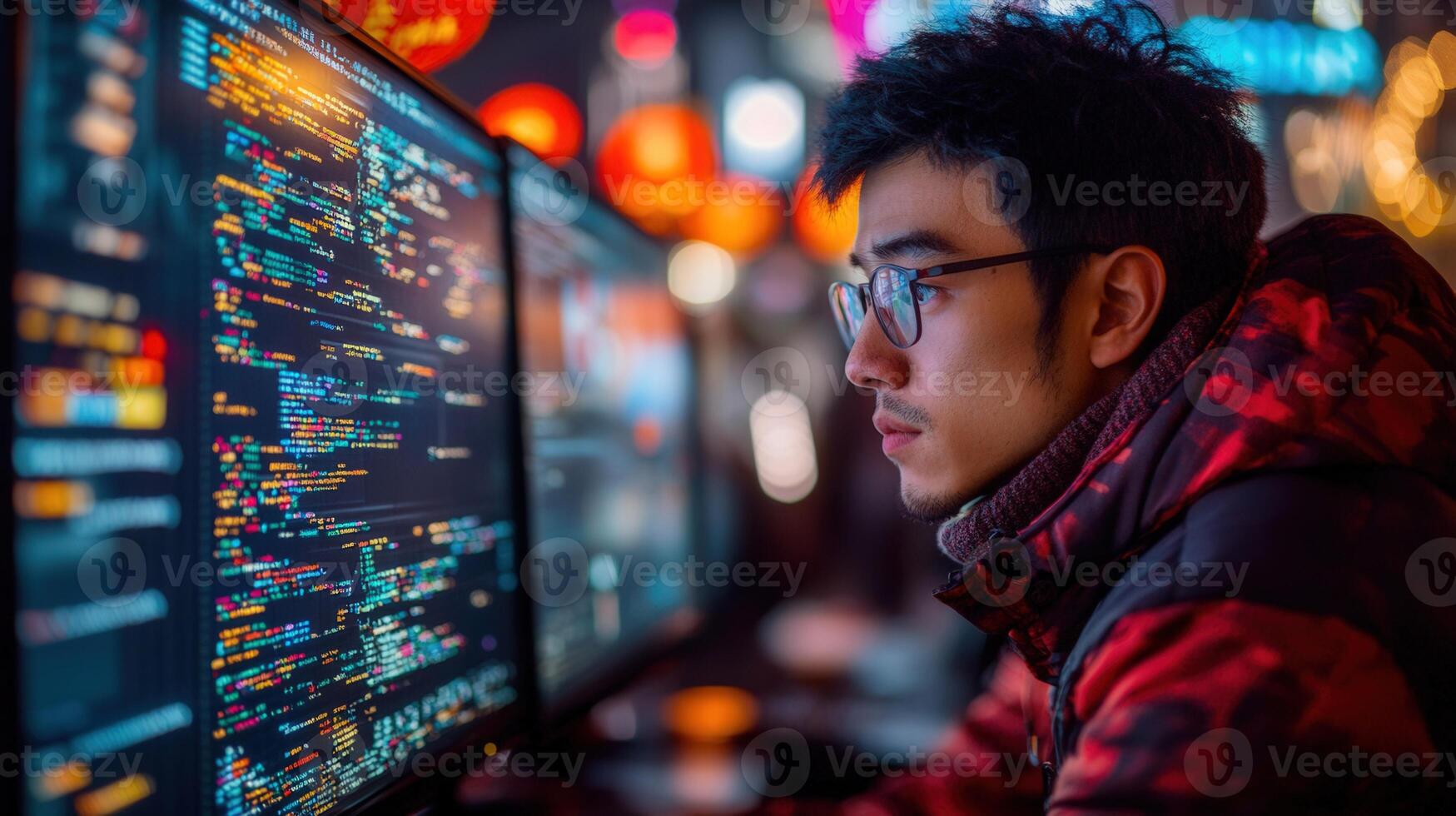 An asian programmer works intently, gazing at a monitor filled with lines of complex code. photo