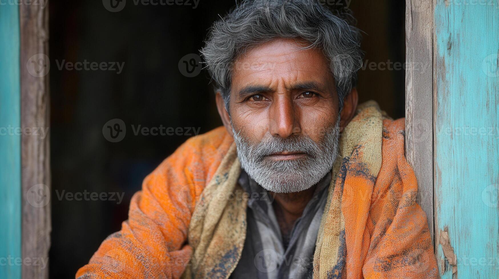 Close-up portrait of a senior Indian man with a grey beard looking directly at the camera. photo
