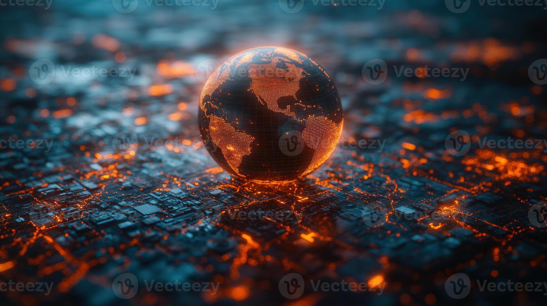 A glowing digital globe floats above a circuit board, representing global connectivity and the future. photo