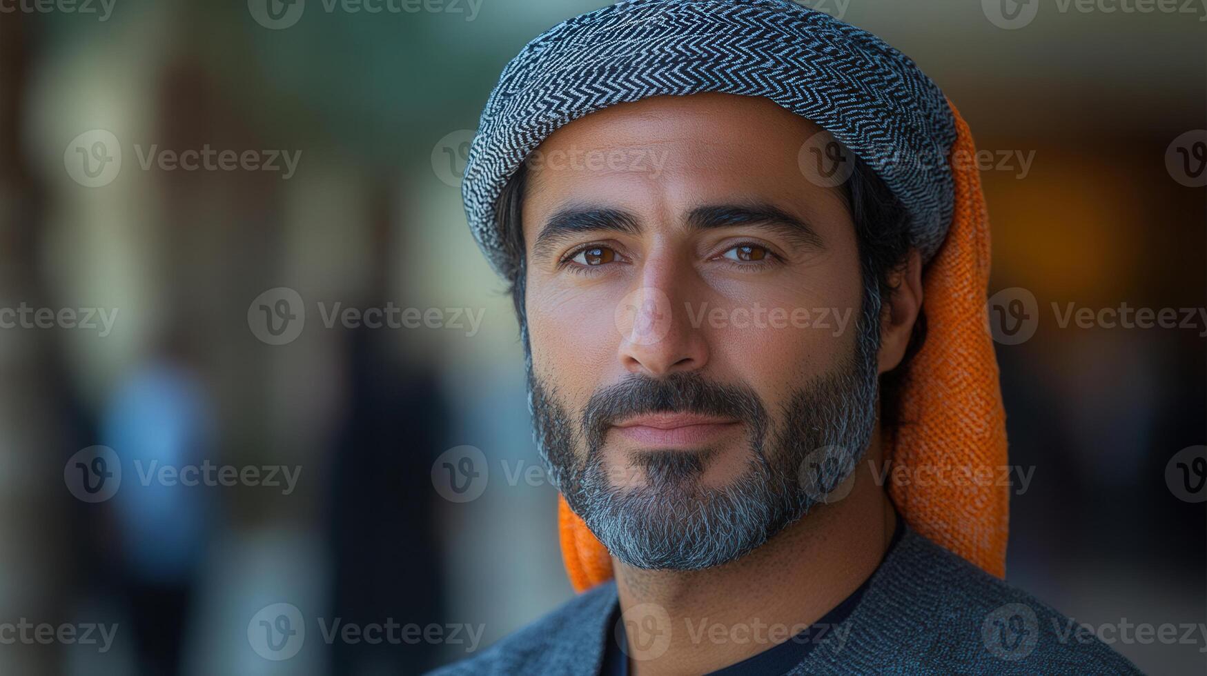 A close-up portrait of a handsome man with a beard, wearing an orange and grey cap. photo