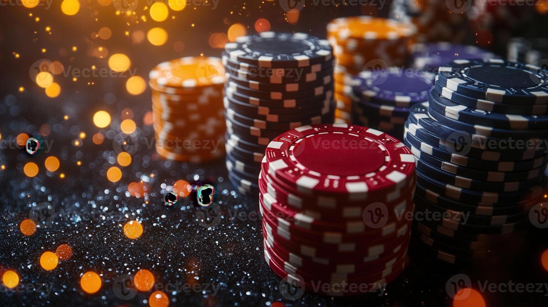 A vibrant shot showcasing poker chips stacked, with a beautiful bokeh effect in the background. photo