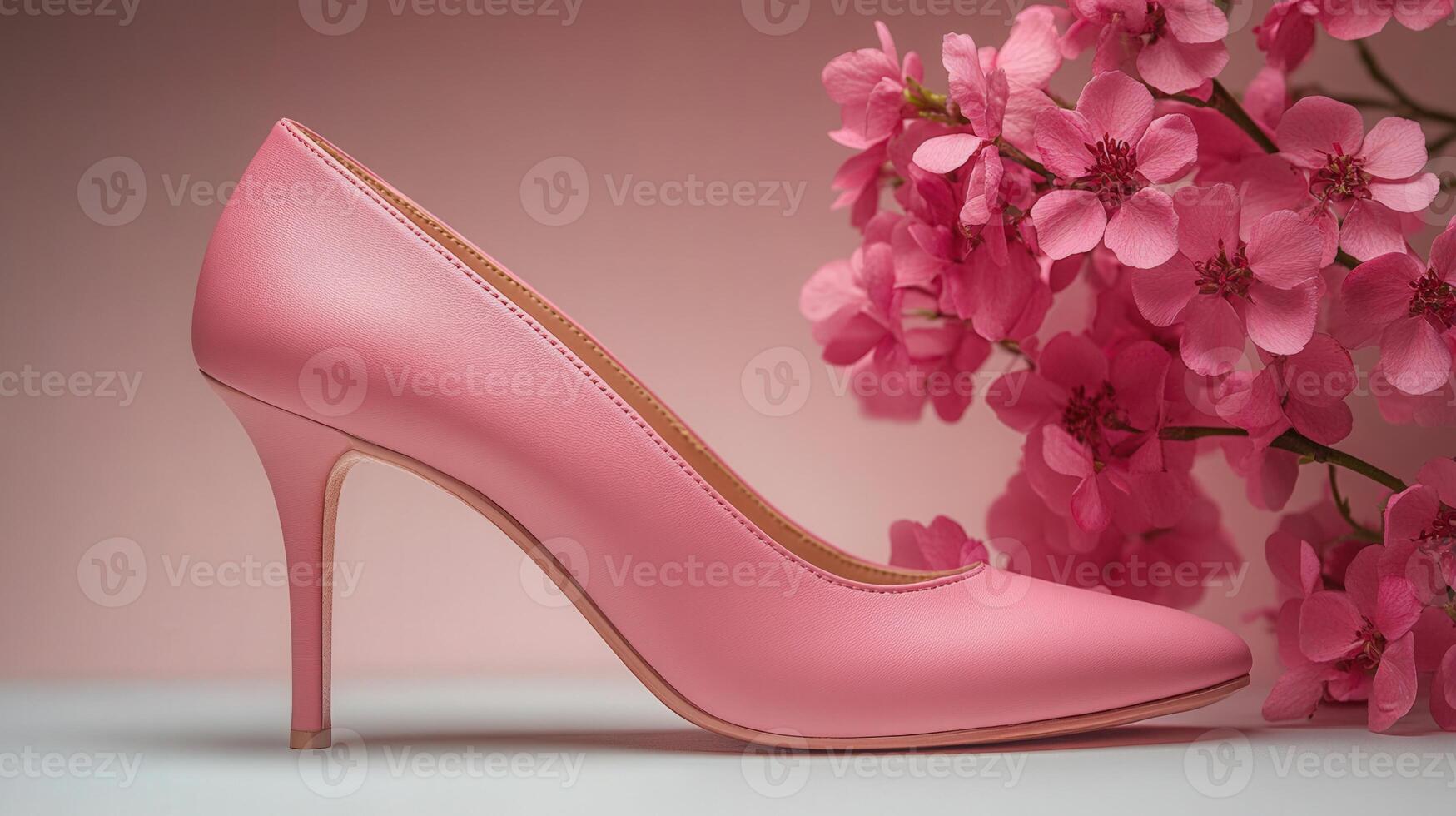 A stunning pink high heel shoe is paired with delicate flowers in a soft, elegant display. photo