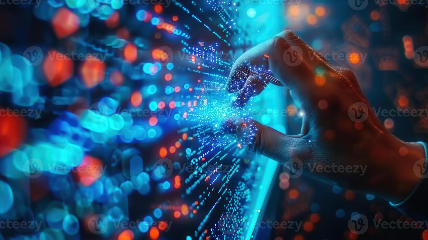 A person's hand interacts with a bright digital interface representing modern technology photo