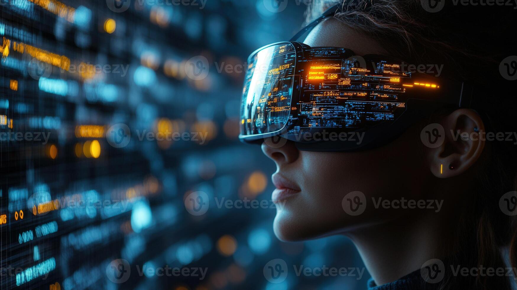 A person wearing vr glasses interacts with digital data and futuristic technology photo