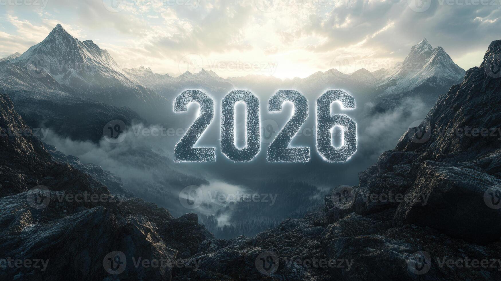 The year 2026 glows brightly, floating over a majestic mountain landscape, hinting at the future. photo