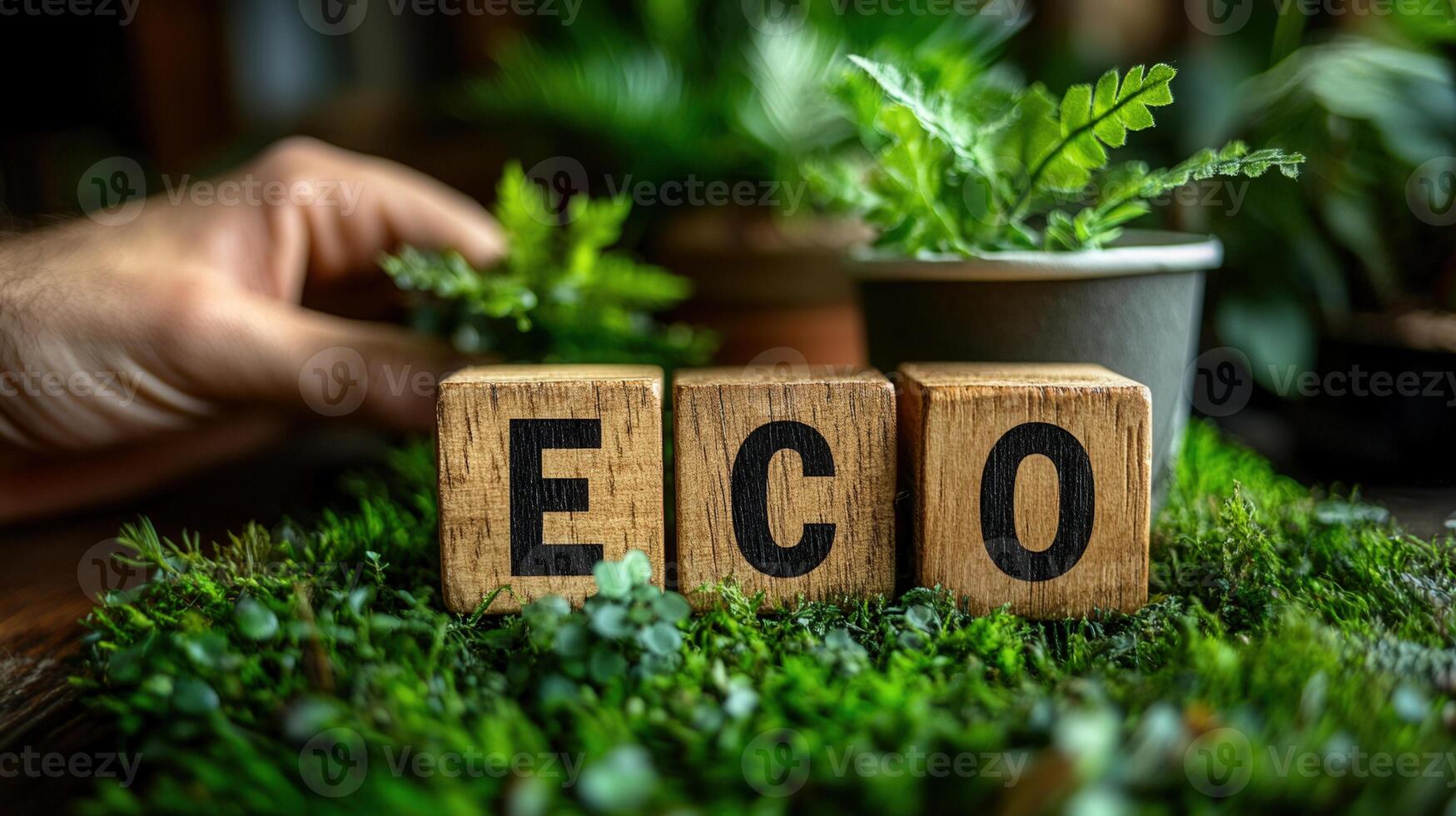 Wooden blocks spelling 'eco' are set on a bed of moss with plants in the background. photo