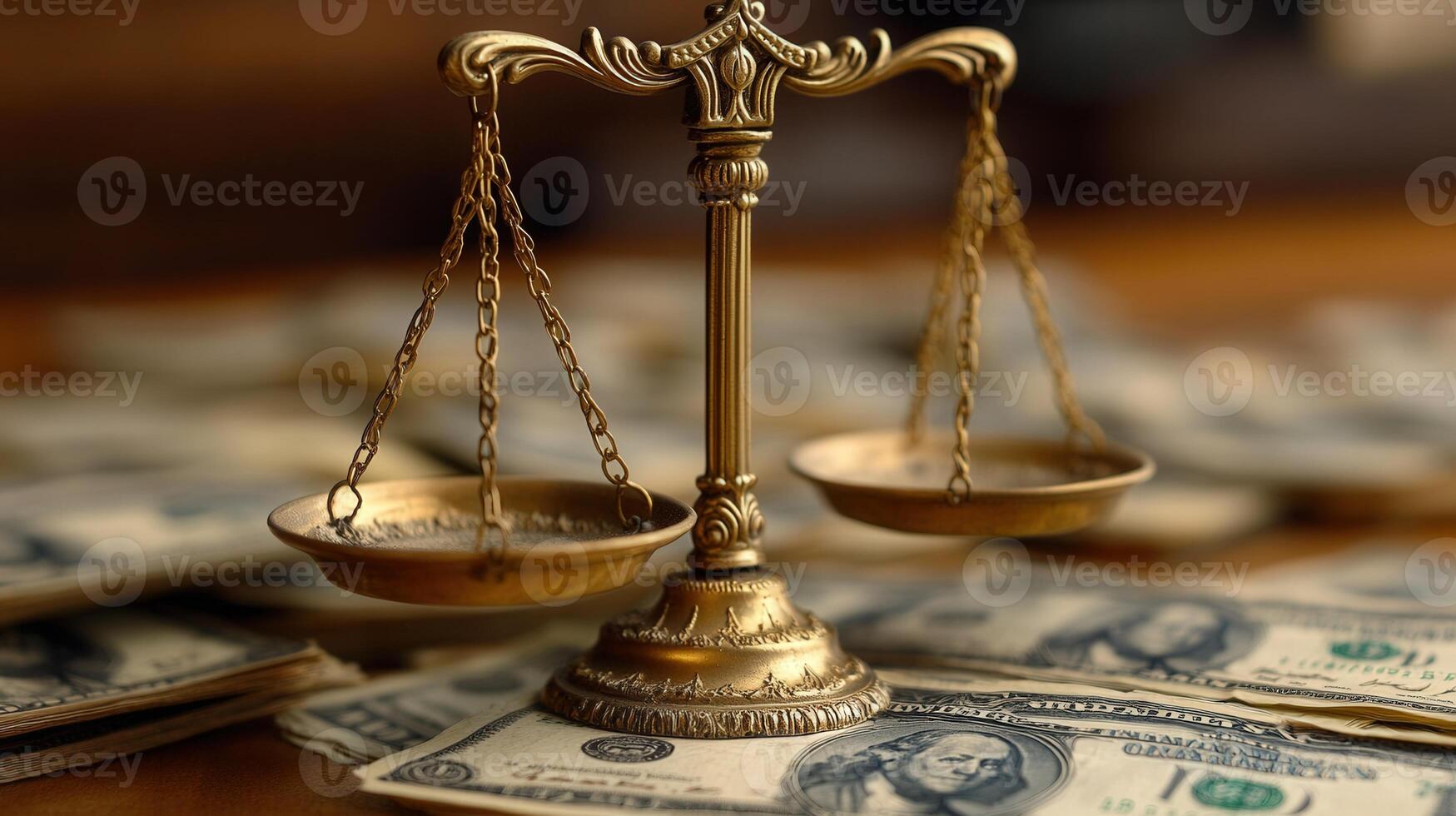 A golden balance scale sits on top of several scattered dollar bills, symbolizing wealth. photo