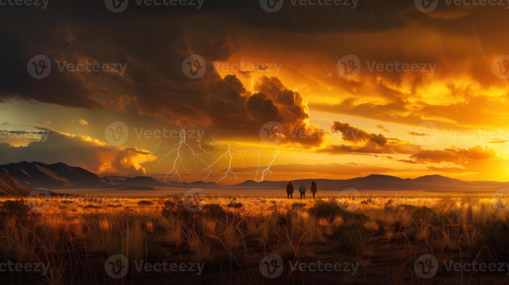 Three figures observe a dramatic lightning display under a vibrant, golden sunset sky. photo