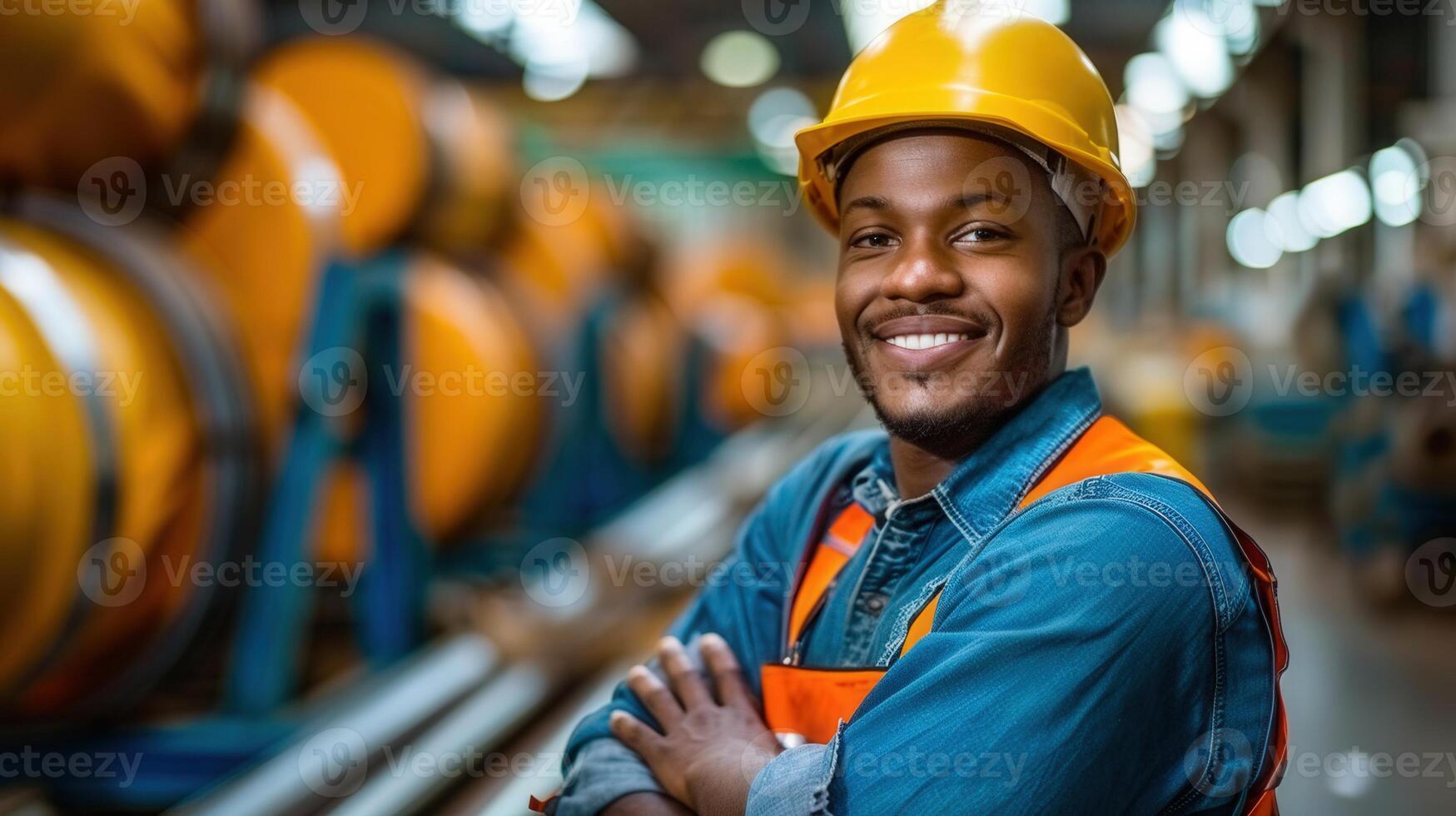An industrial worker wearing a safety helmet smiles confidently with his arms crossed in the warehouse. photo
