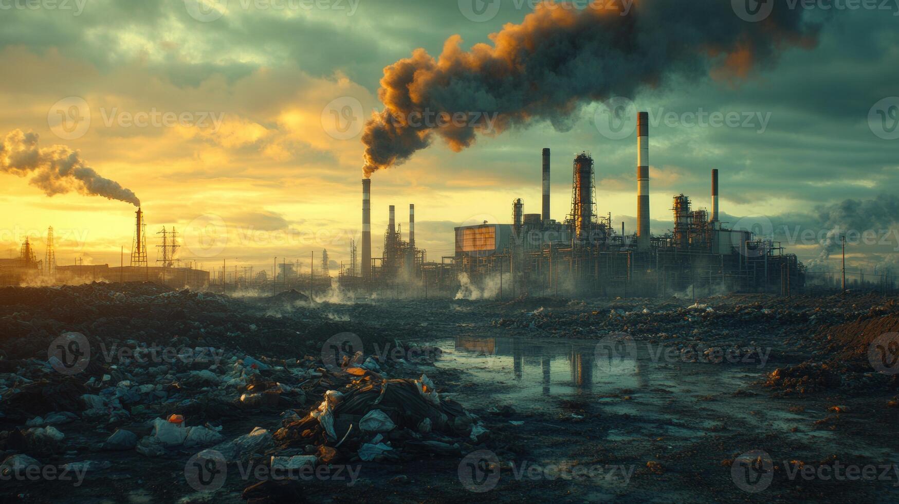 Industrial complex releasing pollution into the atmosphere at sunset, a visual of contamination. photo
