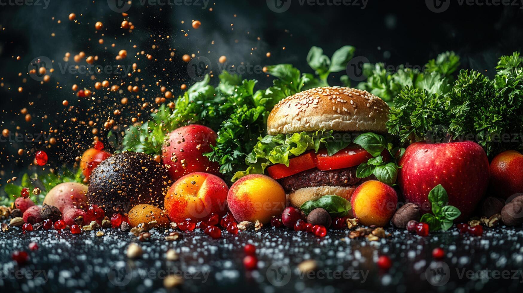 A mouthwatering burger and fresh fruits composition, ready for a gourmet culinary experience. photo