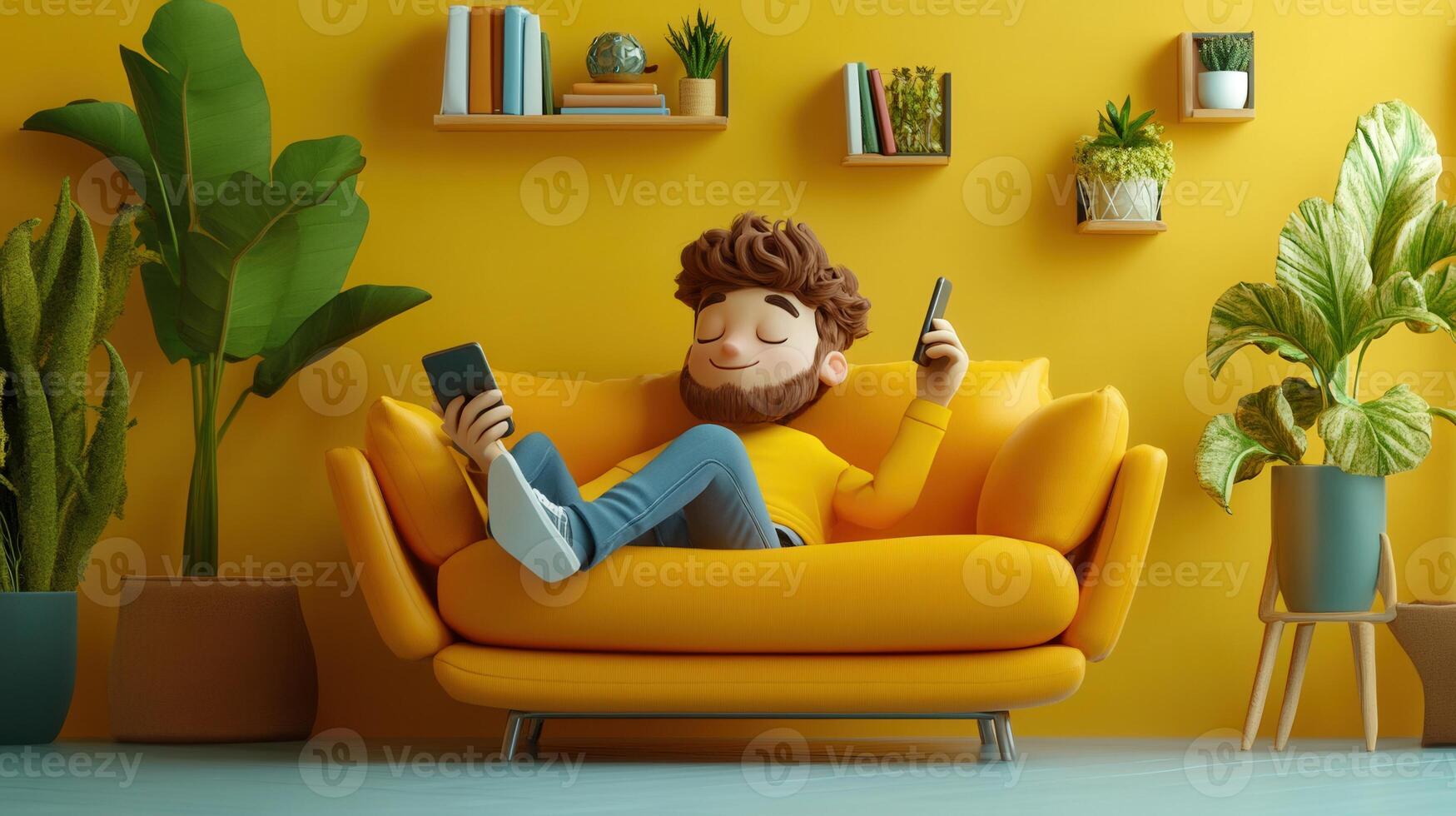 Cartoon man relaxing on a yellow sofa and holding two smartphones in a bright, cozy living space. photo