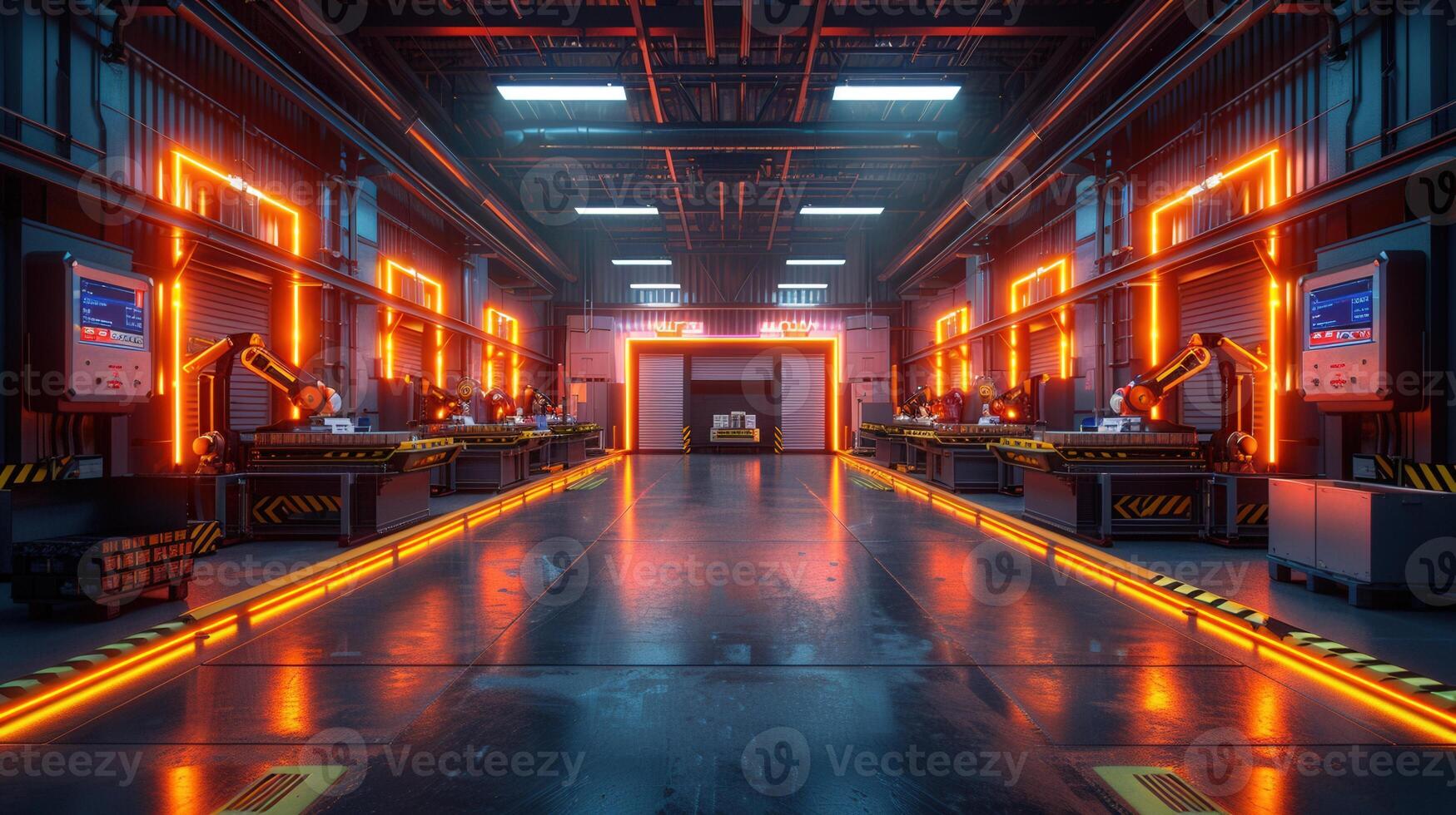 Futuristic factory interior with robotic arms and neon lights, showcasing advanced automation. photo
