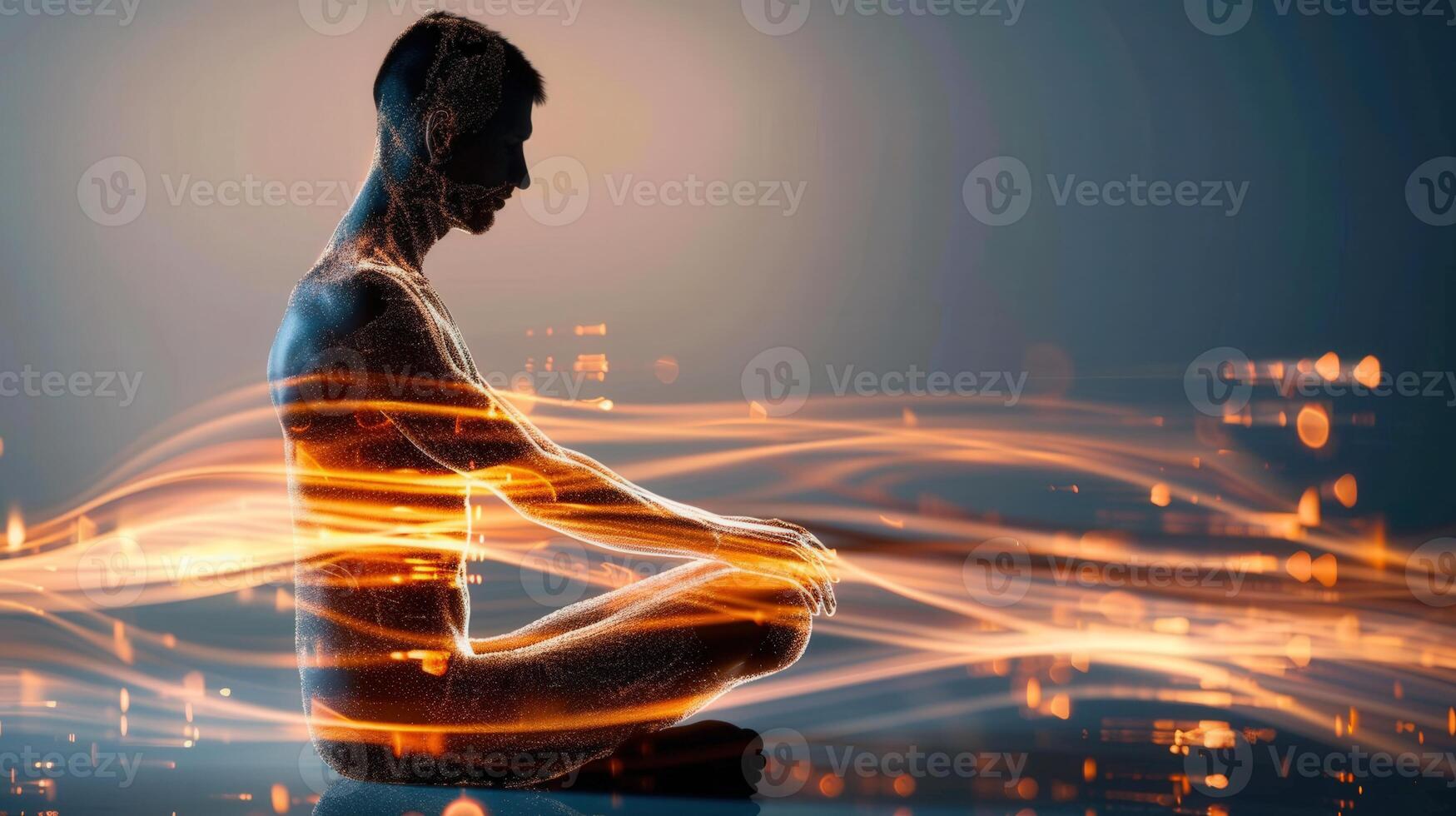 A person meditating in a peaceful pose with dynamic energy emanating from the figure. photo