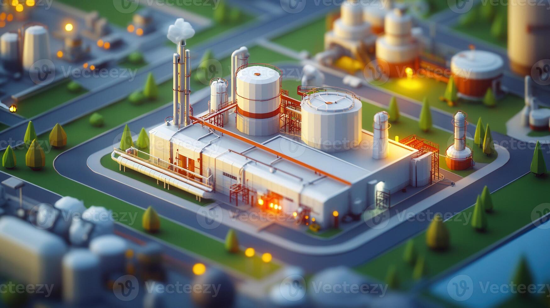 A vibrant, top-down view of a meticulously crafted, miniature industrial complex illustration. photo