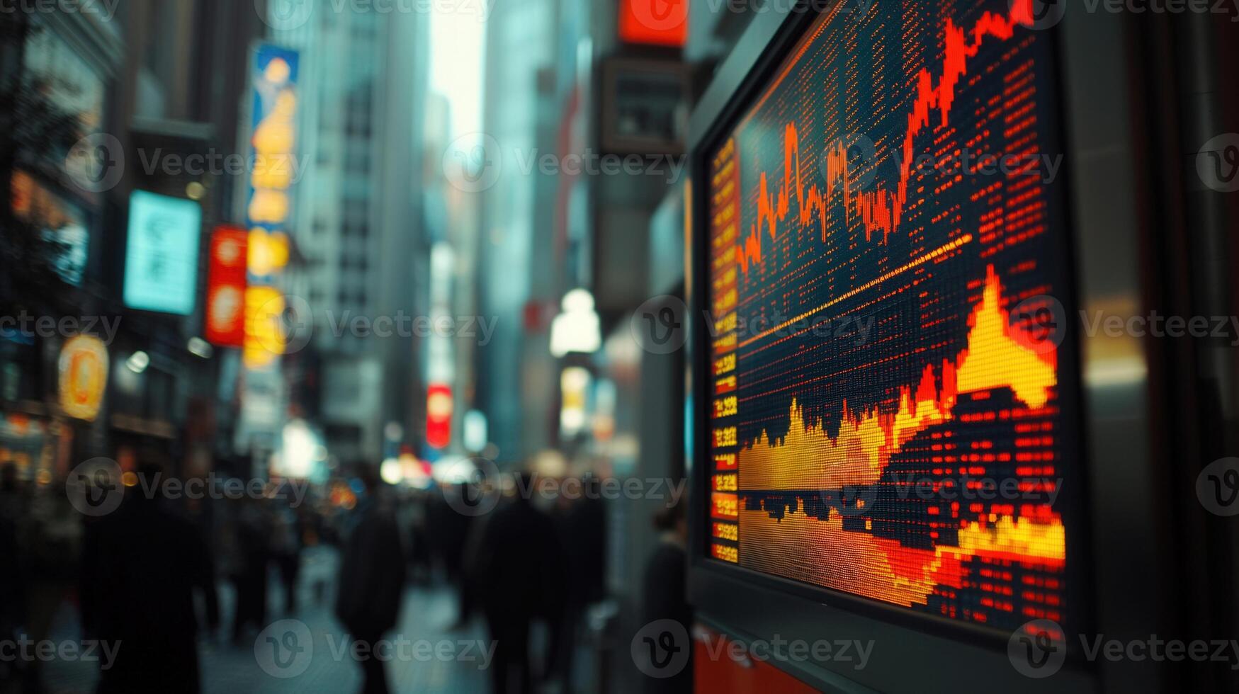 The financial district shows a stock market display with an urban street and bustling people. photo