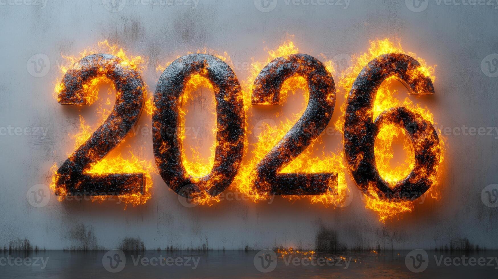The year 2026 is presented dramatically in burning numbers on a textured concrete wall. photo
