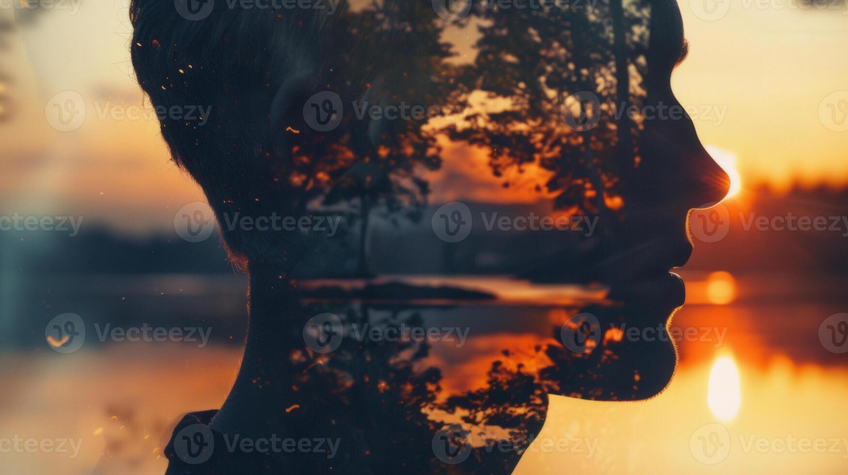 Double exposure artwork showing a person's silhouette overlaid with a scenic sunset view. photo