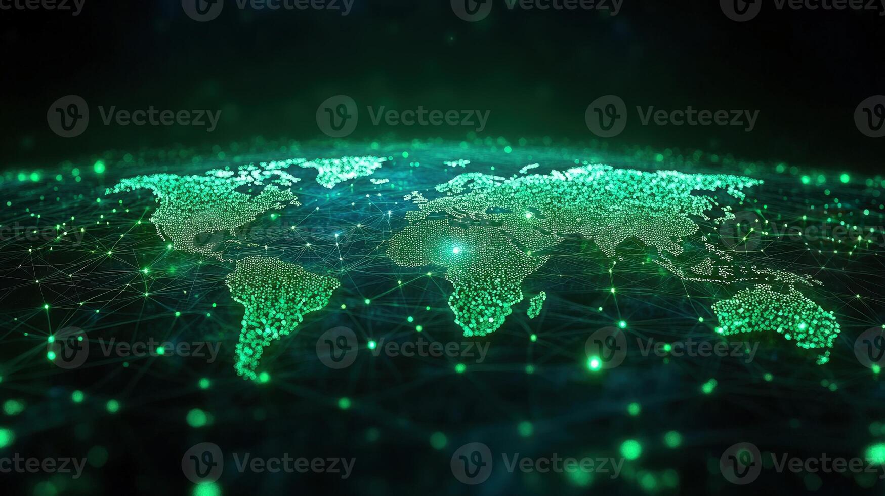 A stunning digital world map showing global connectivity with glowing green networks. photo