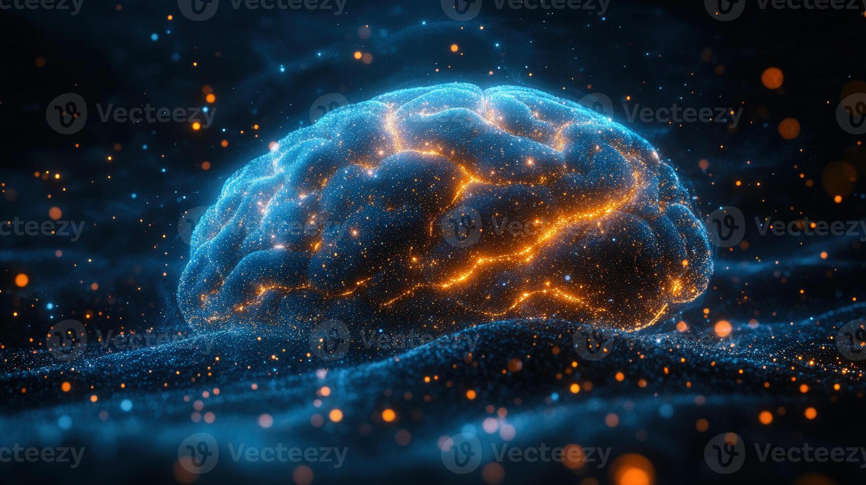 Glowing brain illustration with energy and sparks, representing the mind in the digital space. photo