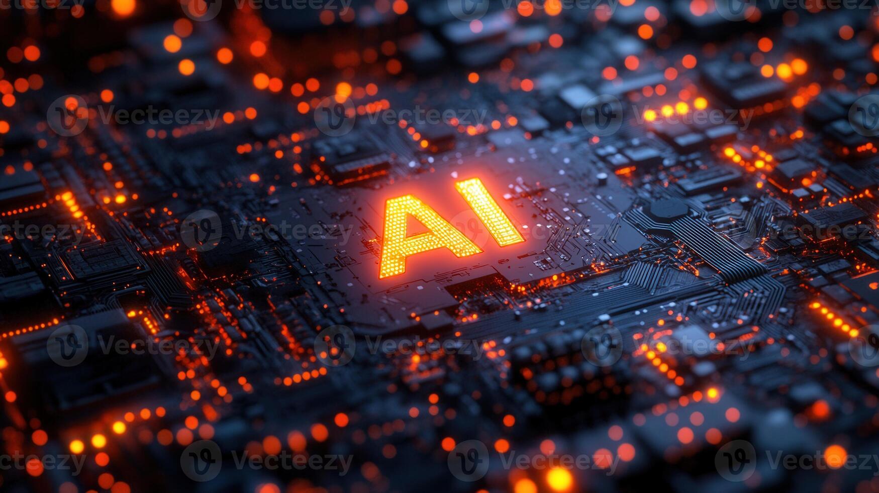 A vibrant image highlighting artificial intelligence, visualized within a complex circuit board design. photo