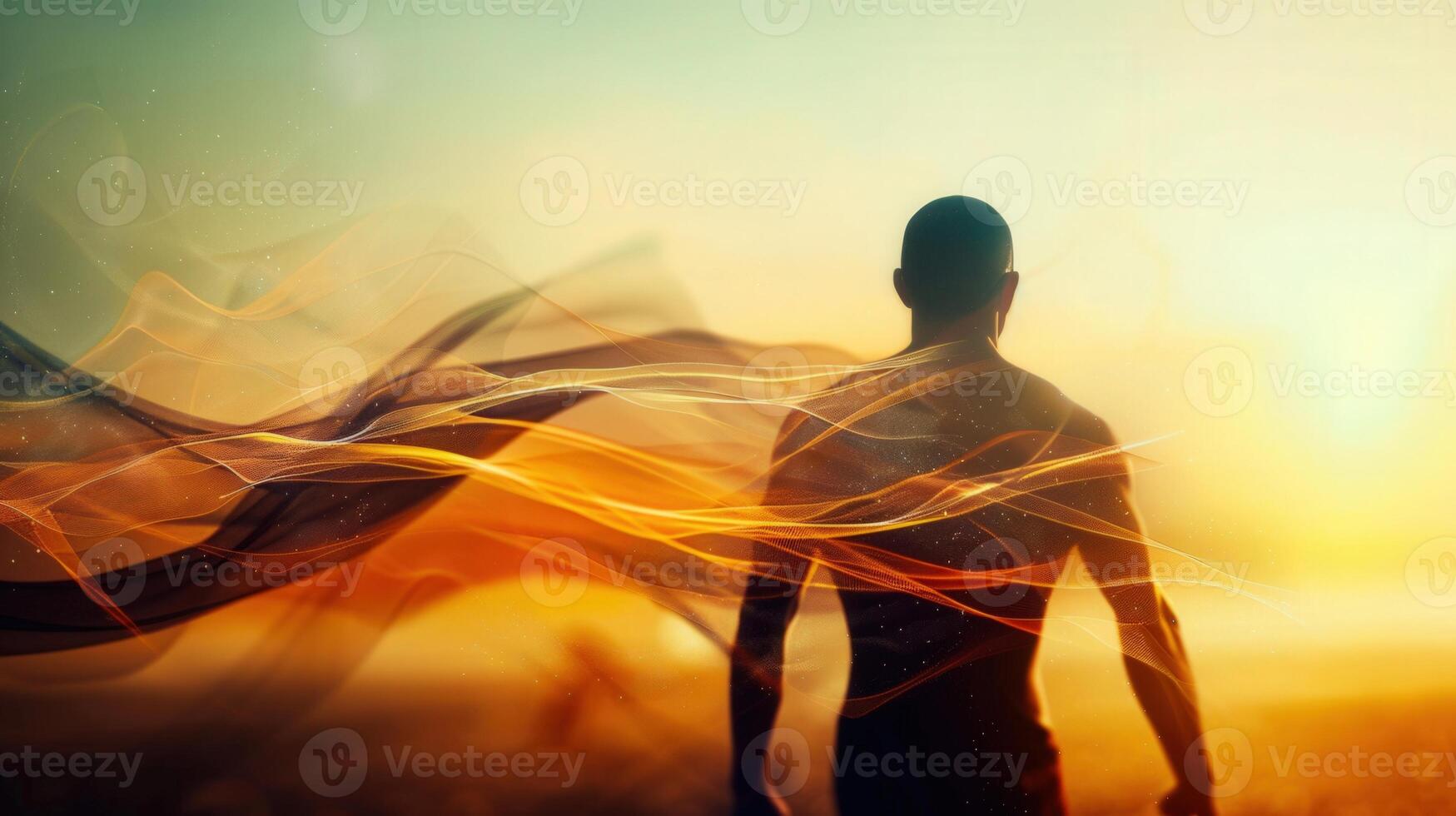 A man stands in silhouette facing the sunrise with an overlay of glowing energy design. photo