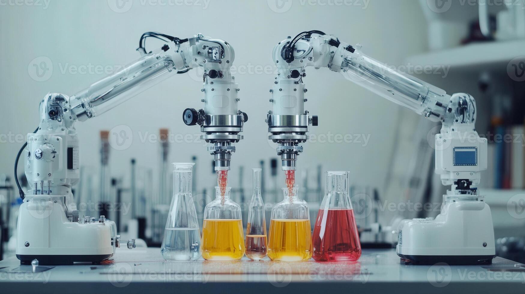 Robotic arms carefully dispense liquids in a sterile laboratory setting, showcasing innovation. photo