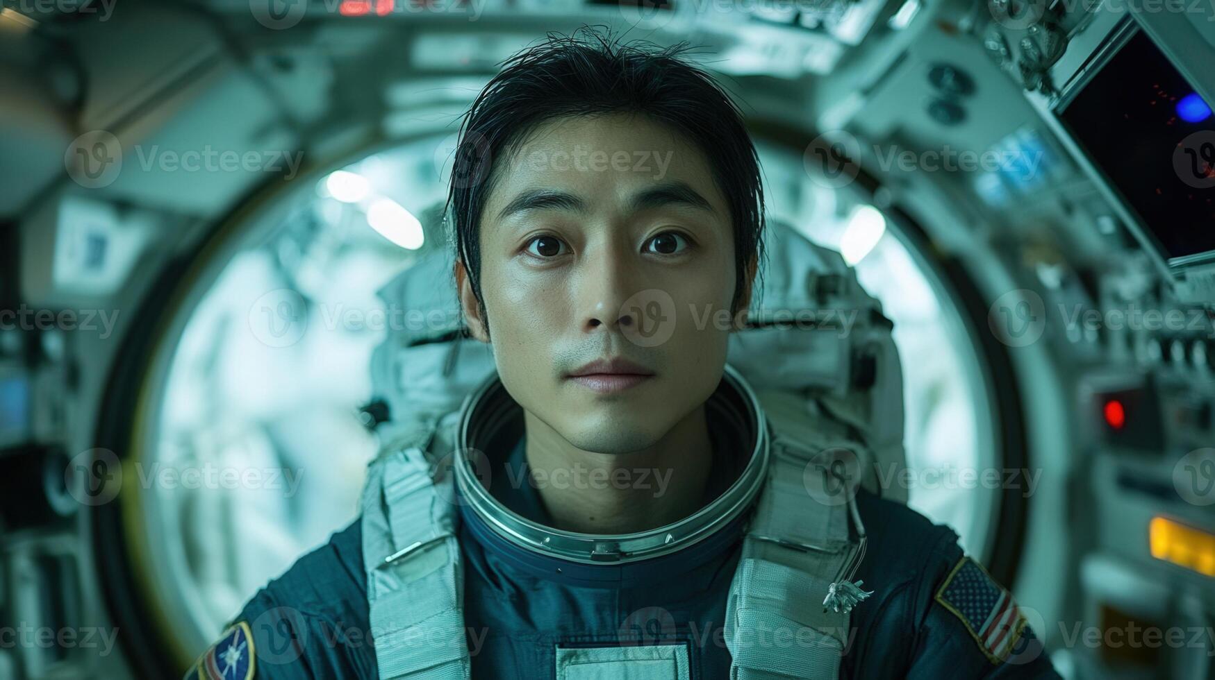 An asian astronaut in a space suit looks determined inside a spaceship's cockpit. photo