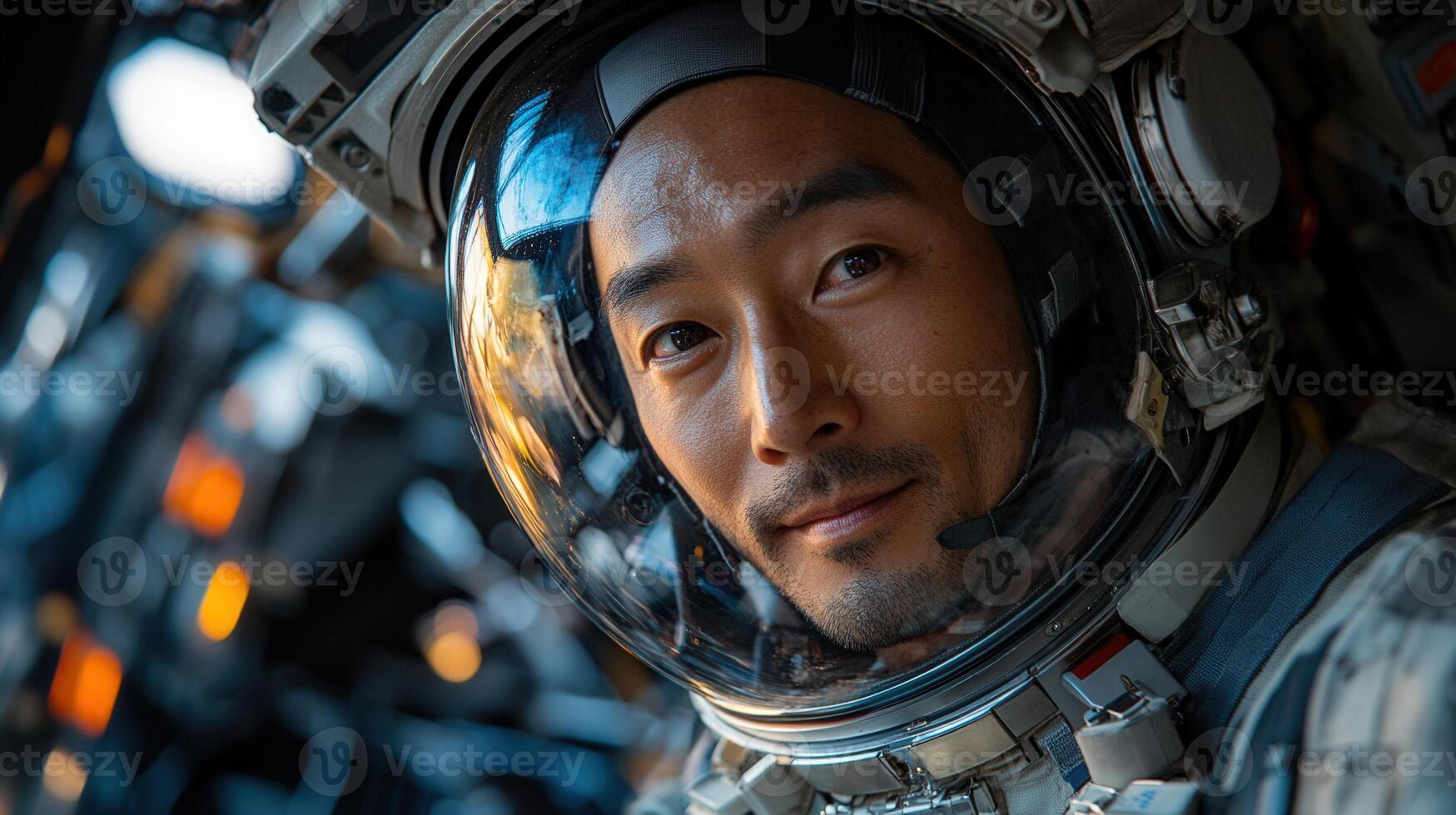 Portrait of an asian astronaut inside a spaceship with his helmet on and a serious gaze. photo