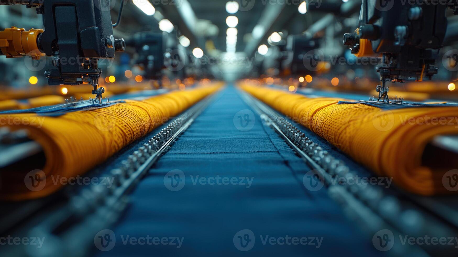 An industrial scene of sewing machines stitching fabric in a textile factory setting. photo