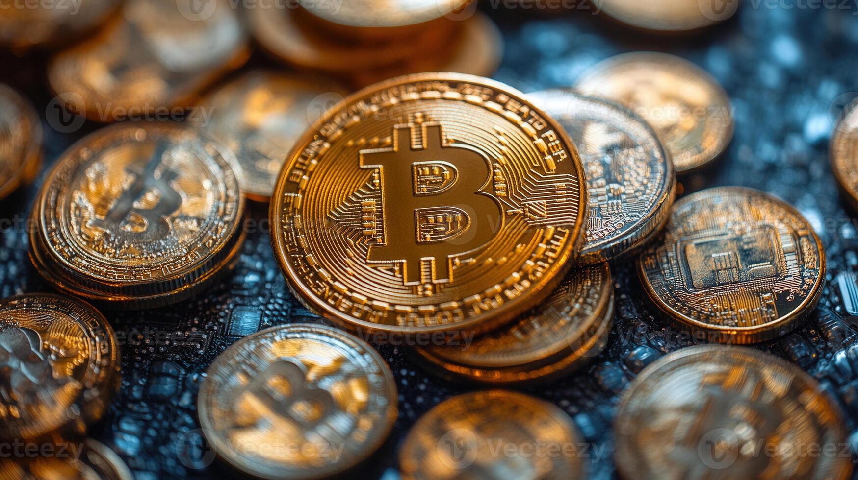Pile of shiny gold bitcoin coins, representing the future of digital currency. photo