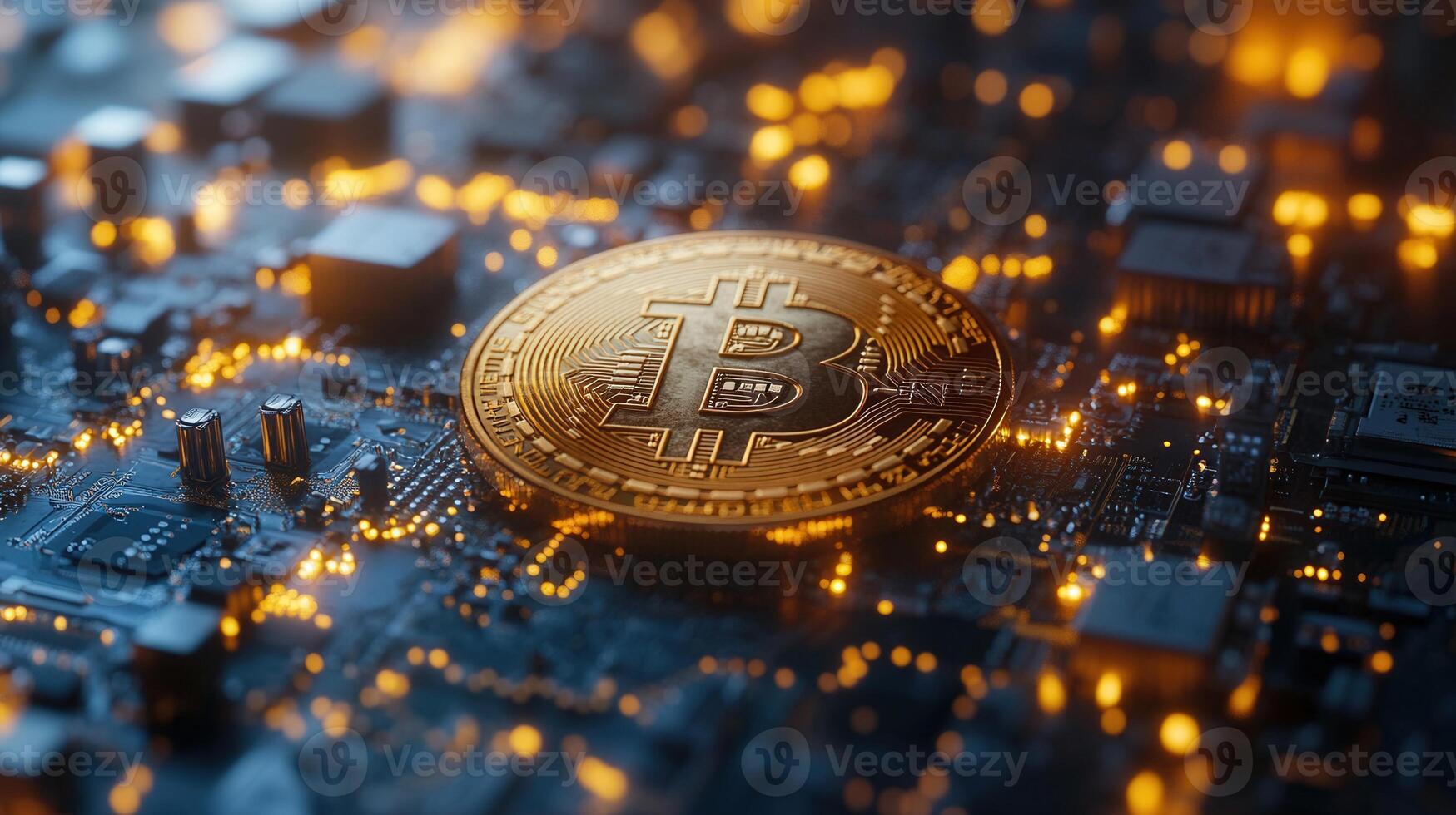 Bitcoin on a circuit board, highlighting the digital currency and blockchain technology. photo