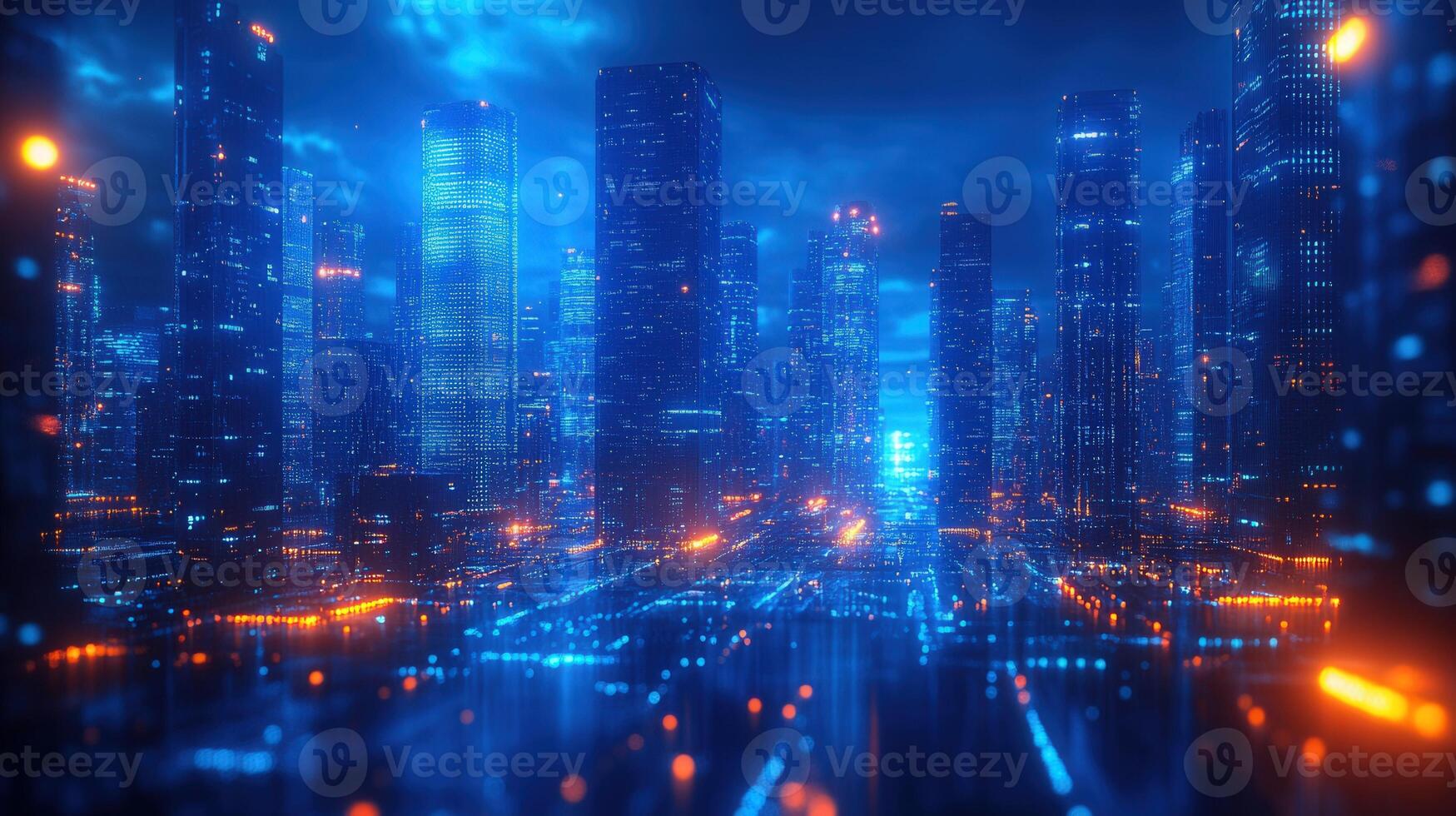 A neon-lit futuristic city at night, full of towering skyscrapers and modern architecture. photo