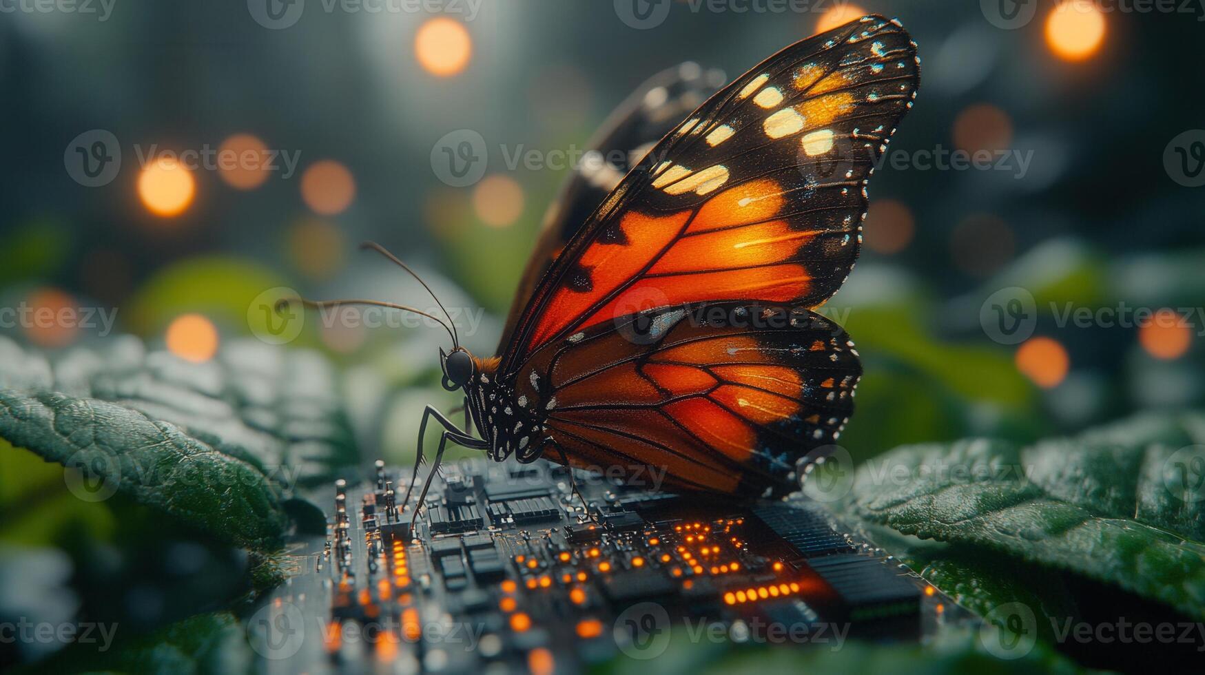 A stunning butterfly with intricate wings perches on a modern circuit board, merging nature and technology. photo