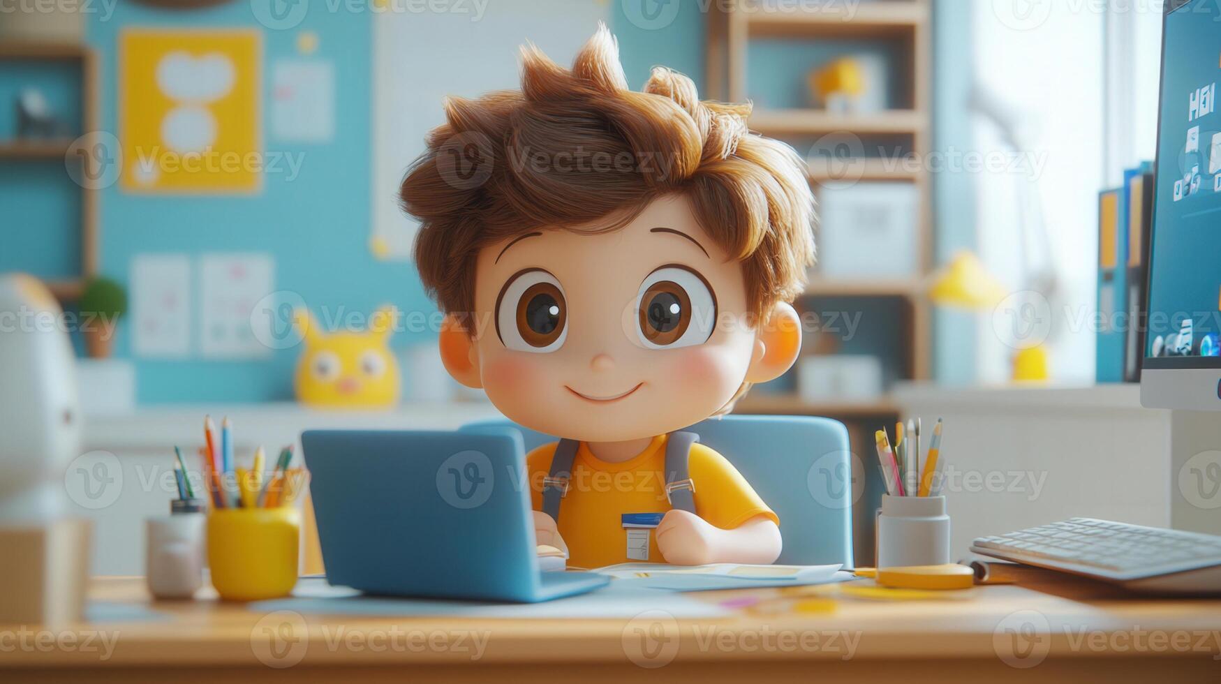 A charming cartoon boy happily working on his laptop at a desk, smiling with a friendly expression. photo