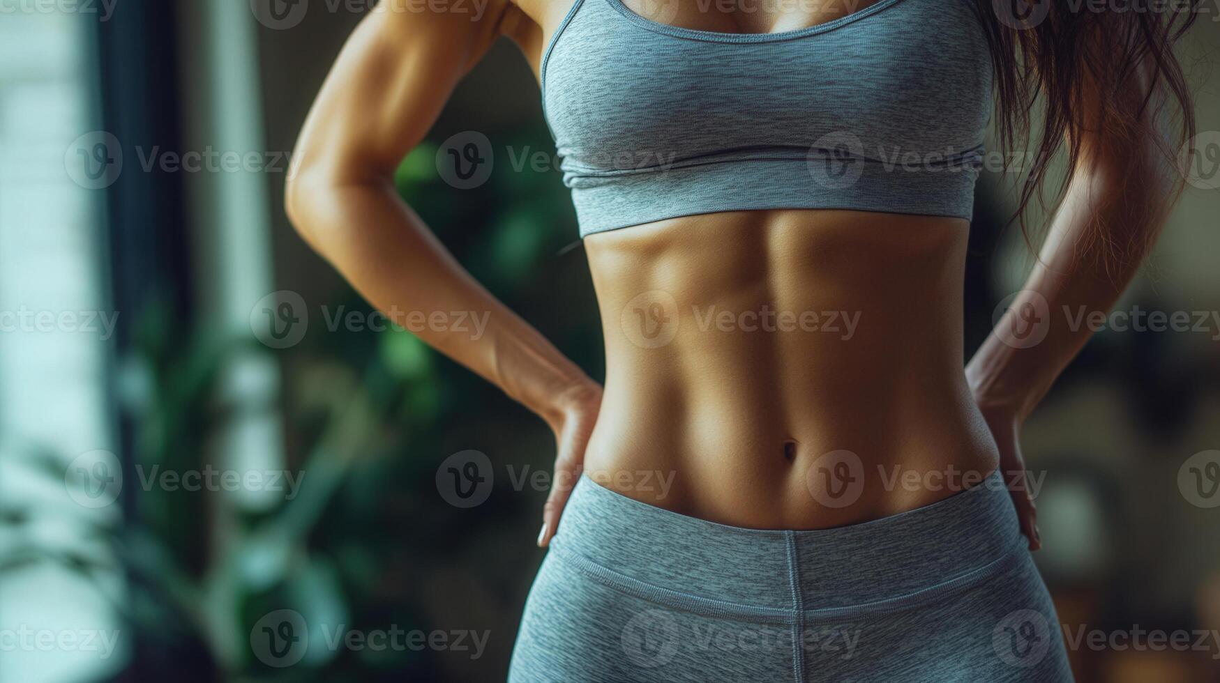 a close-up of a fit woman's toned abs and physique, promoting health and fitness. photo