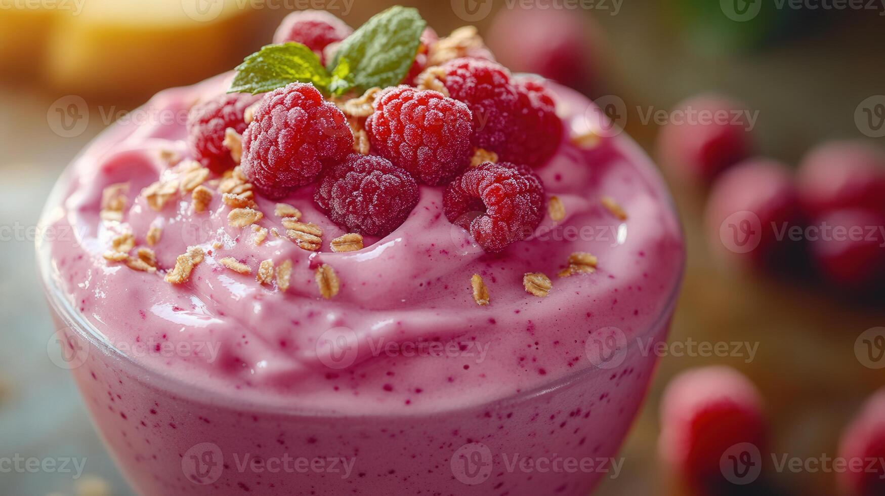 A close-up view of a vibrant and refreshing raspberry smoothie, beautifully decorated. photo