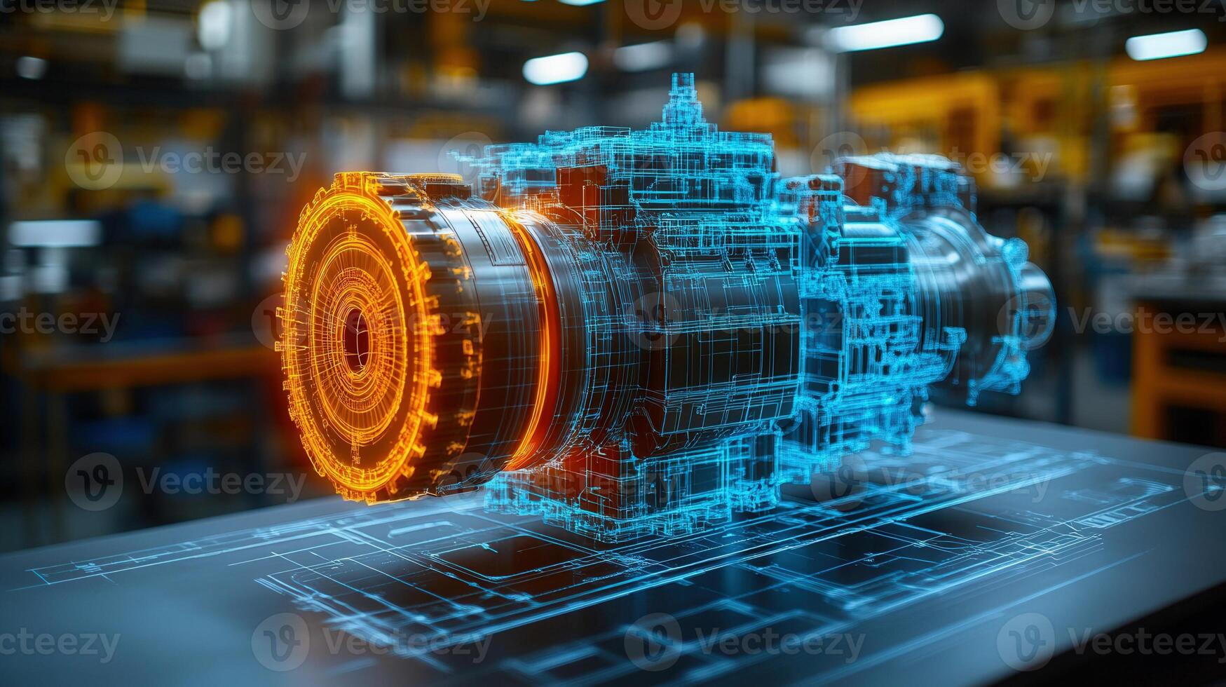 A detailed neon-outlined machinery component sits on a blueprint with a blurred factory in the background. photo