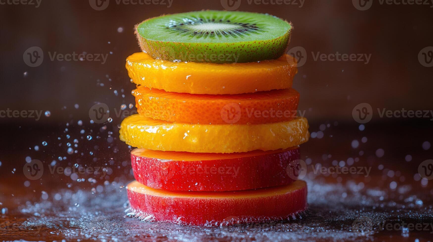A colorful and refreshing tower of sliced fruits with water droplets, perfect for summer. photo