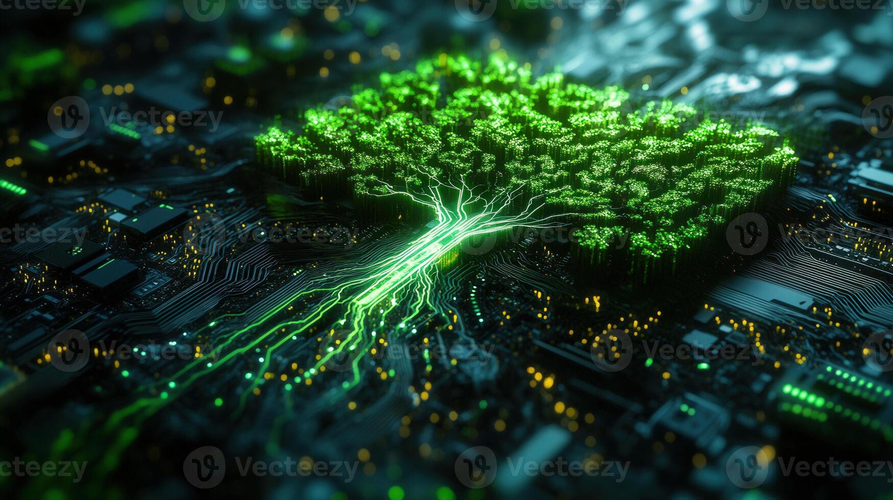 An intricate circuit board design featuring a glowing tree representing tech and nature fusion. photo