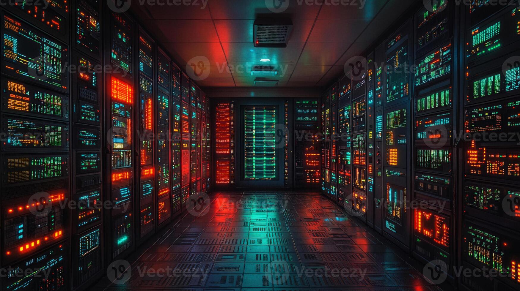 A well-lit server room featuring rows of powerful servers with glowing displays of data. photo