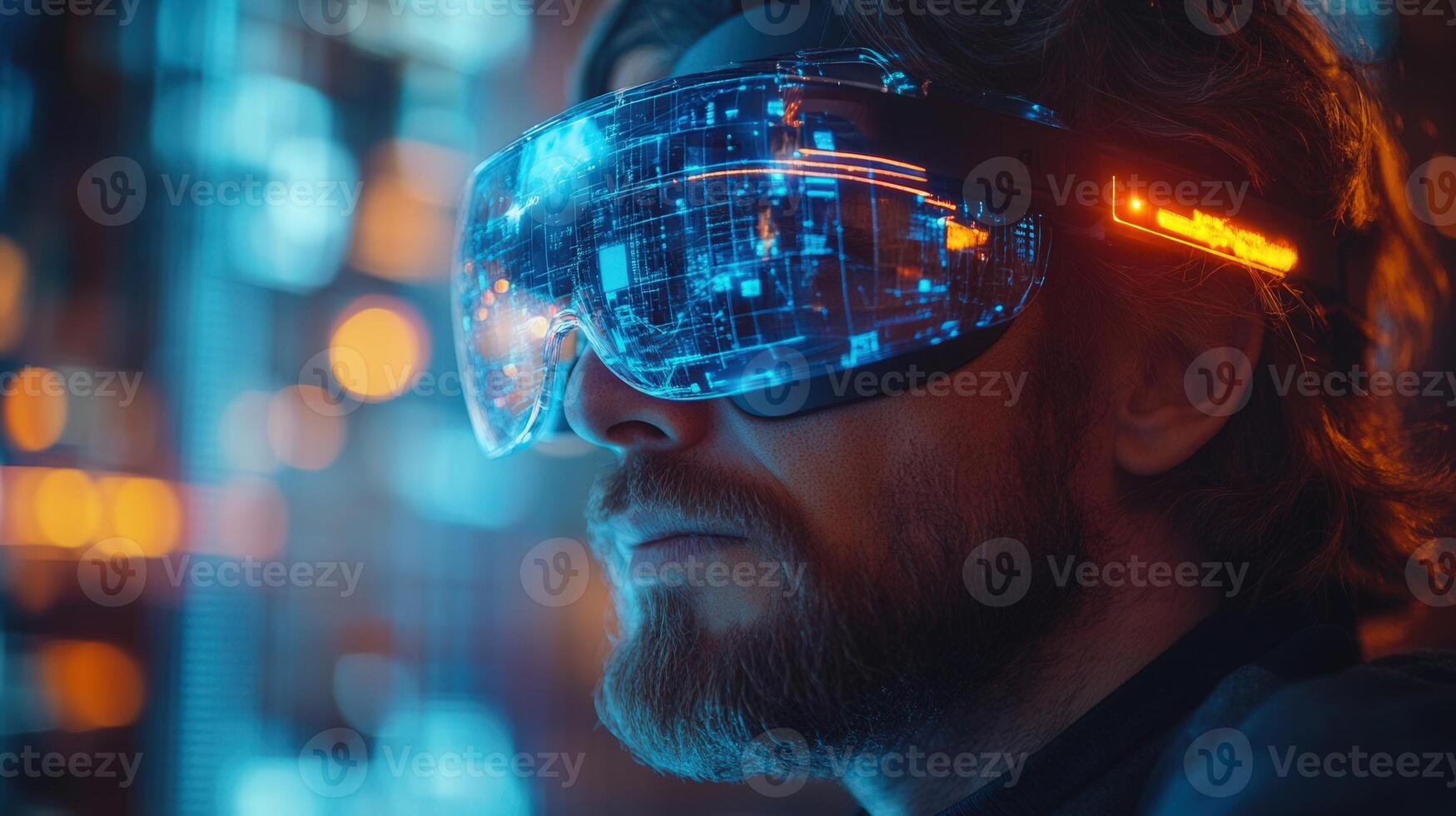 A person experiencing virtual reality through a futuristic looking vr headset, glowing with tech. photo