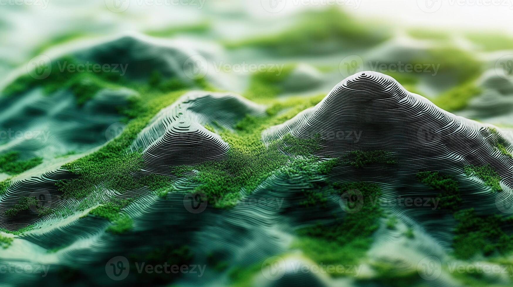 Abstract representation of layered mountains with vibrant green vegetation in a macro shot. photo
