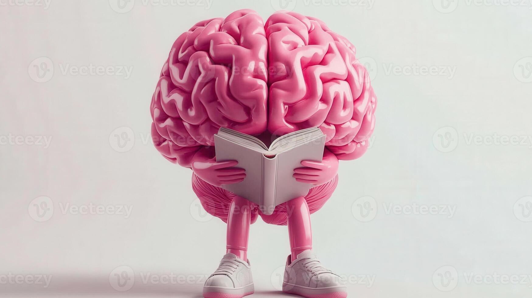 A whimsical pink brain character, reading a book and wearing sneakers, embodies learning. photo